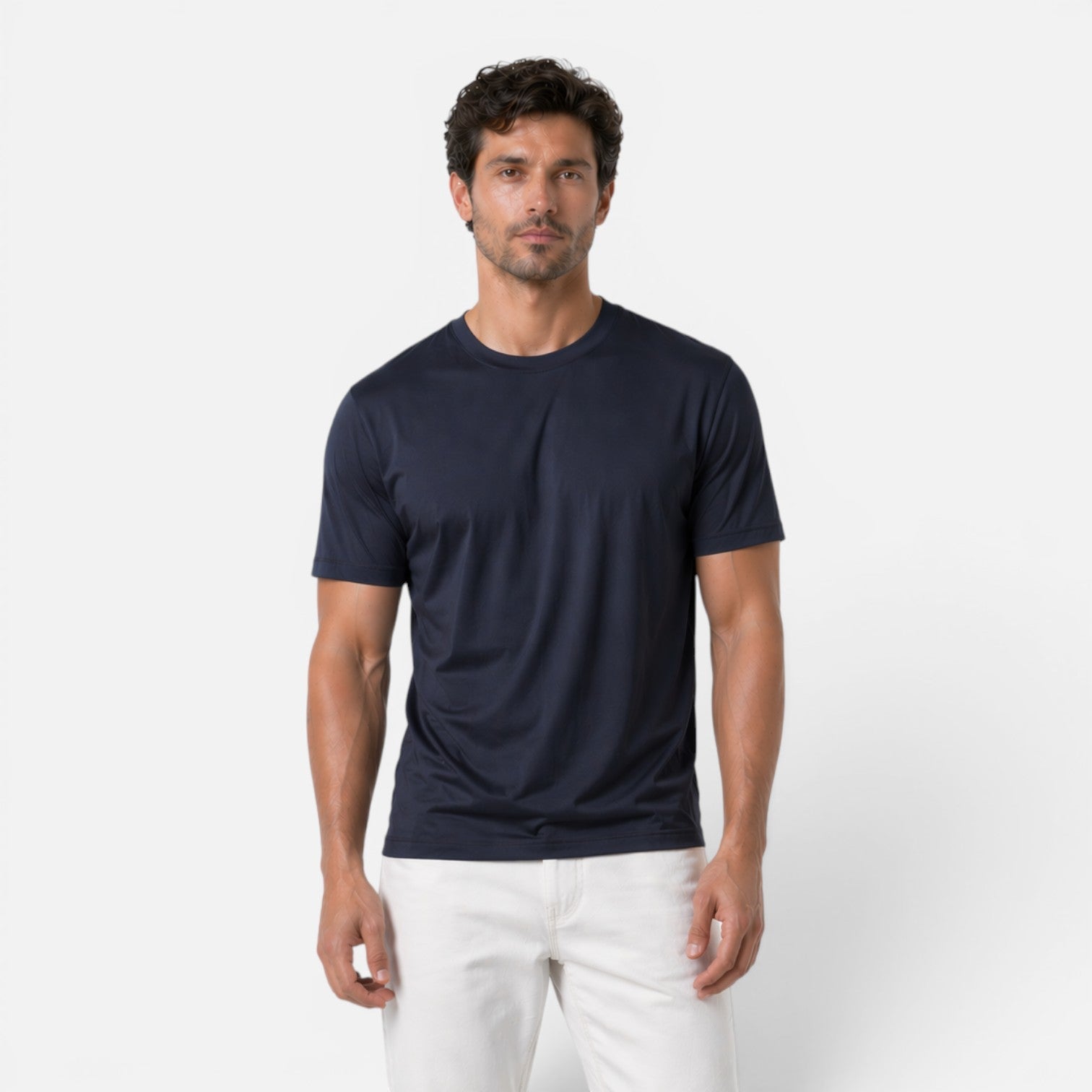 Fitted Short Sleeve Shirt with Round Neck