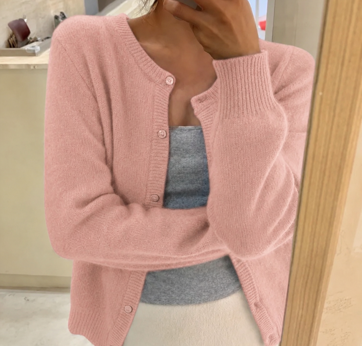 Button-Front Knit Cardigan with Round Neck