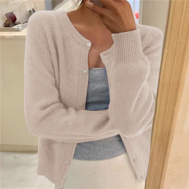 Women's Cardigan with Round Neck Button Front and Long Sleeves for Office Wear