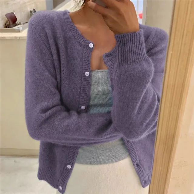 Women's Cardigan with Round Neck Button Front and Long Sleeves for Office Wear