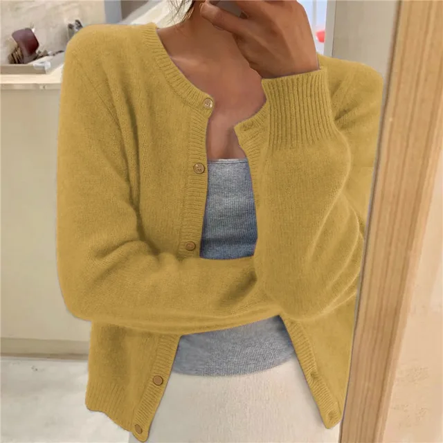 Women's Cardigan with Round Neck Button Front and Long Sleeves for Office Wear