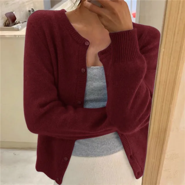Women's Cardigan with Round Neck Button Front and Long Sleeves for Office Wear