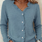 Women's Button Front Cardigan with Ruffle Trim V Neck and Long Sleeves
