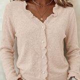 Women's Button Front Cardigan with Ruffle Trim V Neck and Long Sleeves