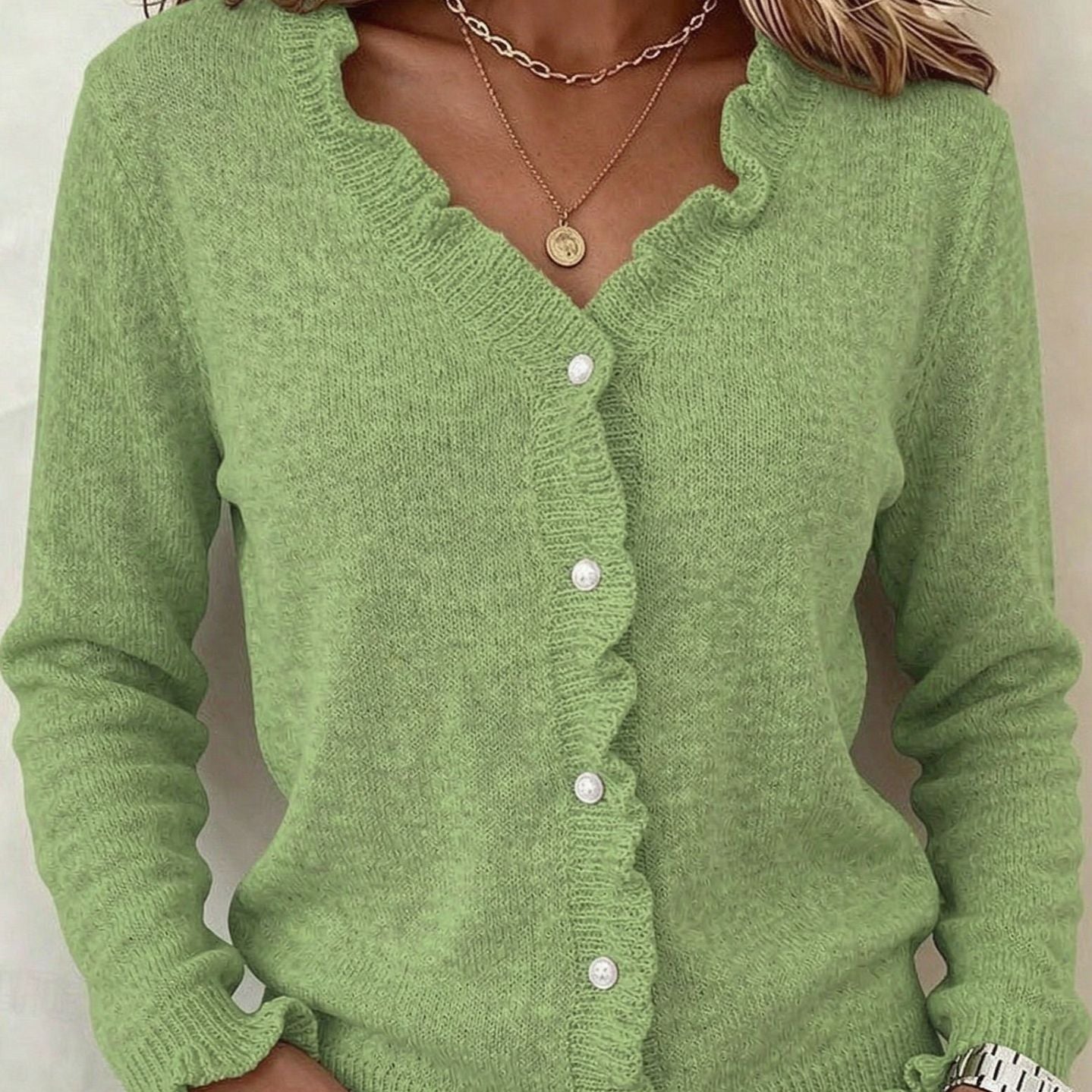 Women's Button Front Cardigan with Ruffle Trim V Neck and Long Sleeves