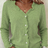 Women's Button Front Cardigan with Ruffle Trim V Neck and Long Sleeves