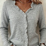 Women's Button Front Cardigan with Ruffle Trim V Neck and Long Sleeves
