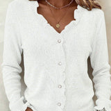 Women's Button Front Cardigan with Ruffle Trim V Neck and Long Sleeves