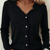 Women's Button Front Cardigan with Ruffle Trim V Neck and Long Sleeves