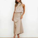 Satin Cowl Neck Halter Midi Dress