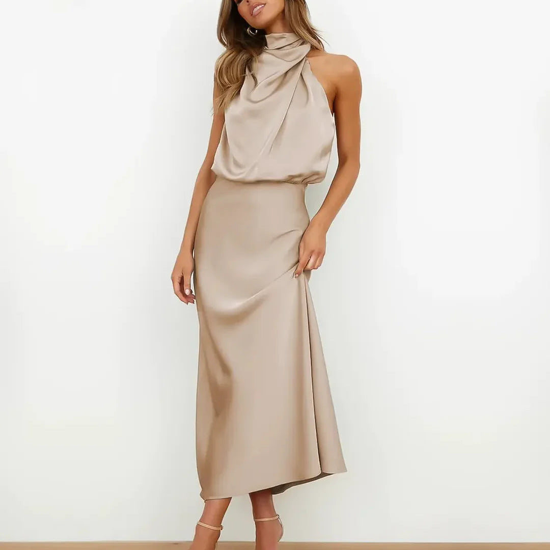Satin Cowl Neck Halter Midi Dress