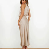 Satin Cowl Neck Halter Midi Dress