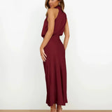 Satin Cowl Neck Halter Midi Dress