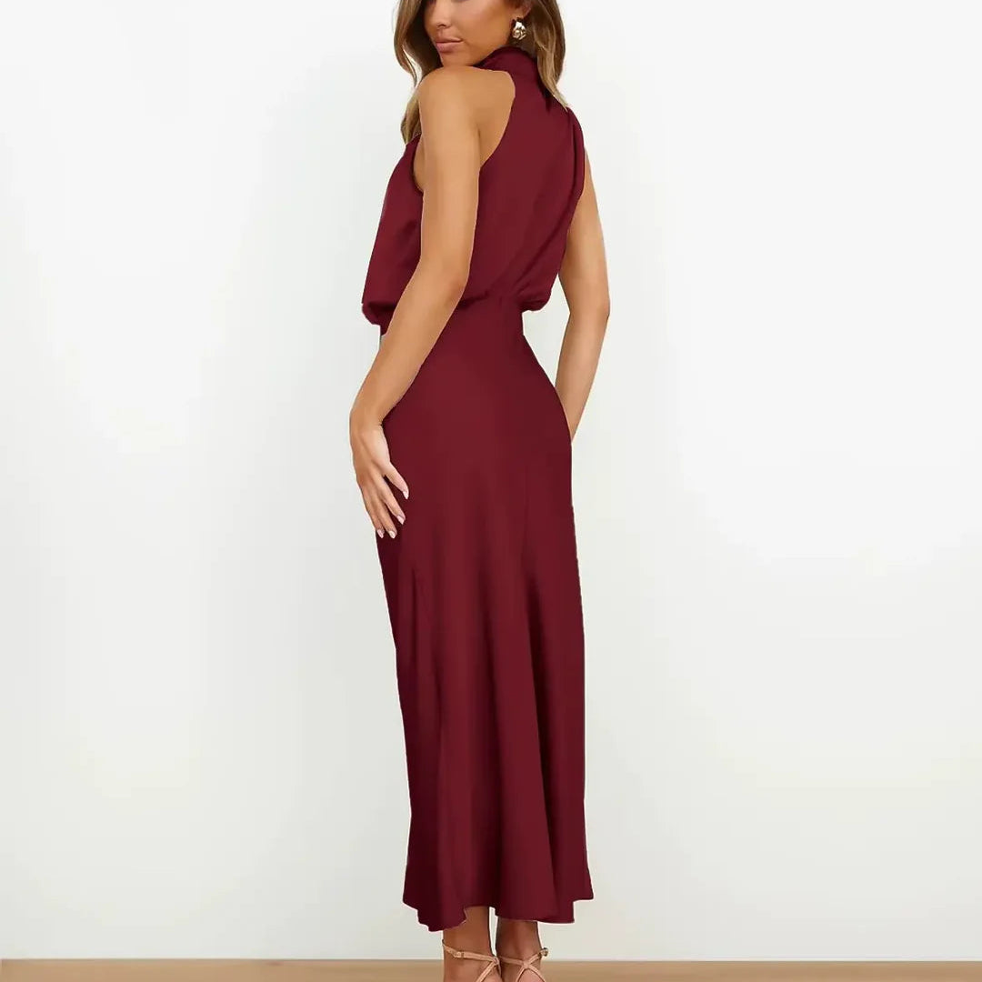 Satin Cowl Neck Halter Midi Dress