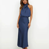 Satin Cowl Neck Halter Midi Dress