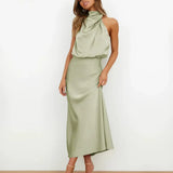 Satin Cowl Neck Halter Midi Dress