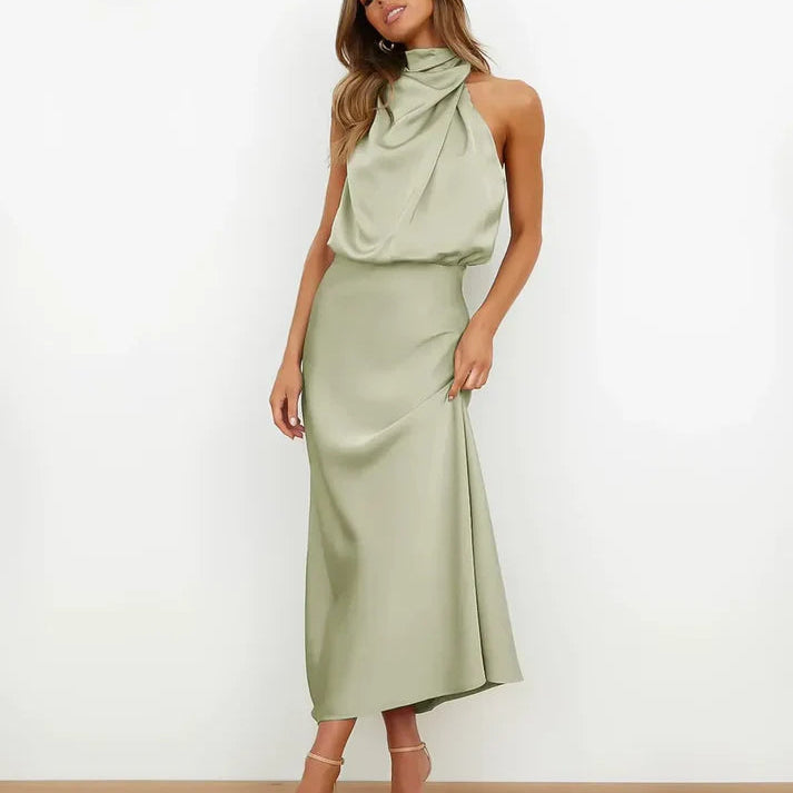 Satin Cowl Neck Halter Midi Dress