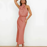Satin Cowl Neck Halter Midi Dress
