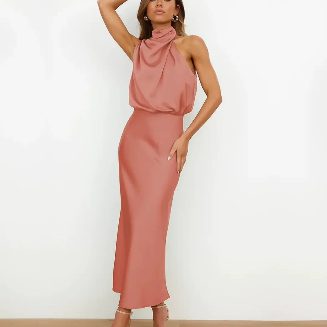 Satin Cowl Neck Halter Midi Dress
