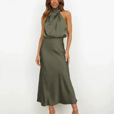 Satin Cowl Neck Halter Midi Dress