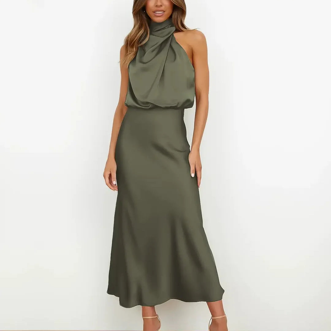 Satin Cowl Neck Halter Midi Dress