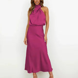 Satin Cowl Neck Halter Midi Dress