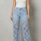 High-Waisted Floral Lace Wide-Leg Jeans with Cutout Detail