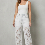 High-Waisted Floral Lace Wide-Leg Jeans with Cutout Detail