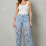 High-Waisted Floral Lace Wide-Leg Jeans with Cutout Detail