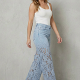 High-Waisted Floral Lace Wide-Leg Jeans with Cutout Detail