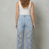 High-Waisted Floral Lace Wide-Leg Jeans with Cutout Detail