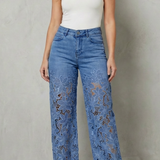 High-Waisted Floral Lace Wide-Leg Jeans with Cutout Detail