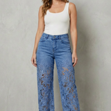 High-Waisted Floral Lace Wide-Leg Jeans with Cutout Detail