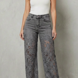 High-Waisted Floral Lace Wide-Leg Jeans with Cutout Detail