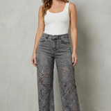 High-Waisted Floral Lace Wide-Leg Jeans with Cutout Detail