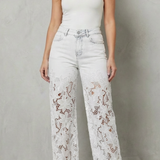 High-Waisted Floral Lace Wide-Leg Jeans with Cutout Detail