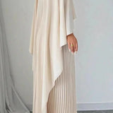 Pleated Asymmetric Maxi Dress with Cape Sleeves