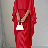 Pleated Asymmetric Maxi Dress with Cape Sleeves