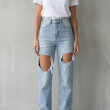 Distressed High-Waisted Straight-Leg Jeans with Front Slit