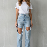 Distressed High-Waisted Straight-Leg Jeans with Front Slit