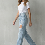 Distressed High-Waisted Straight-Leg Jeans with Front Slit
