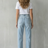 Distressed High-Waisted Straight-Leg Jeans with Front Slit