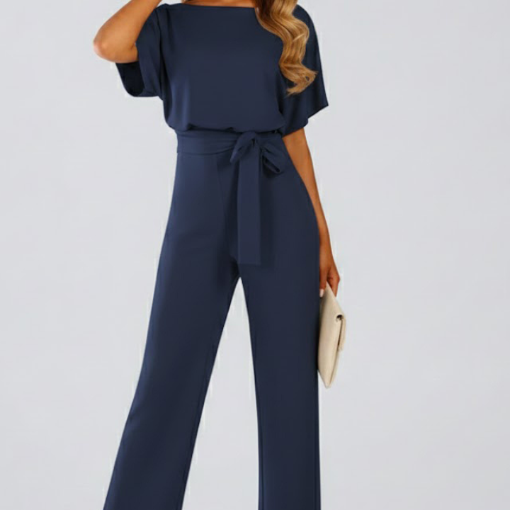 Wide-Leg Jumpsuit with Belt and V-Neck