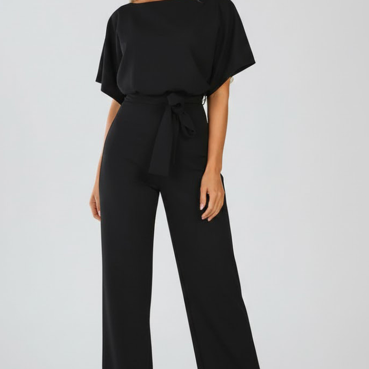 Wide-Leg Jumpsuit with Belt and V-Neck
