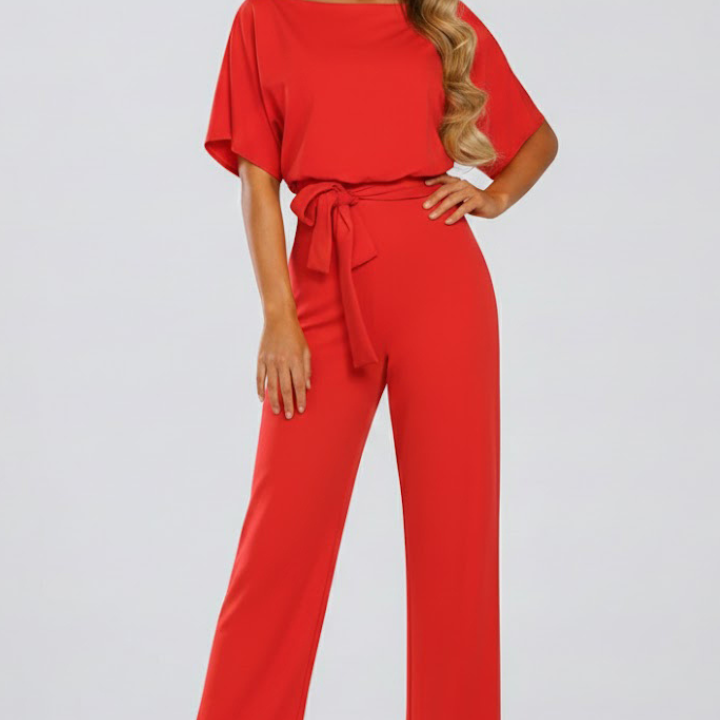 Wide-Leg Jumpsuit with Belt and V-Neck