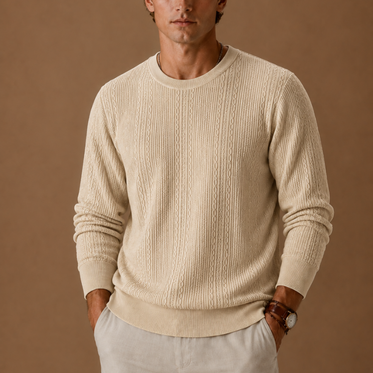 Long Sleeve Cable Knit Sweater with Crew Neck
