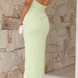 Halter Pleated Midi Dress with Front Slit