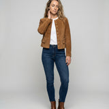 Women's Collarless Jacket with Suede-Look Finish and Button Front for Office Wear