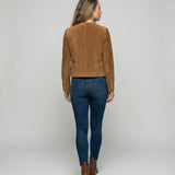Women's Collarless Jacket with Suede-Look Finish and Button Front for Office Wear