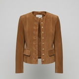 Women's Collarless Jacket with Suede-Look Finish and Button Front for Office Wear